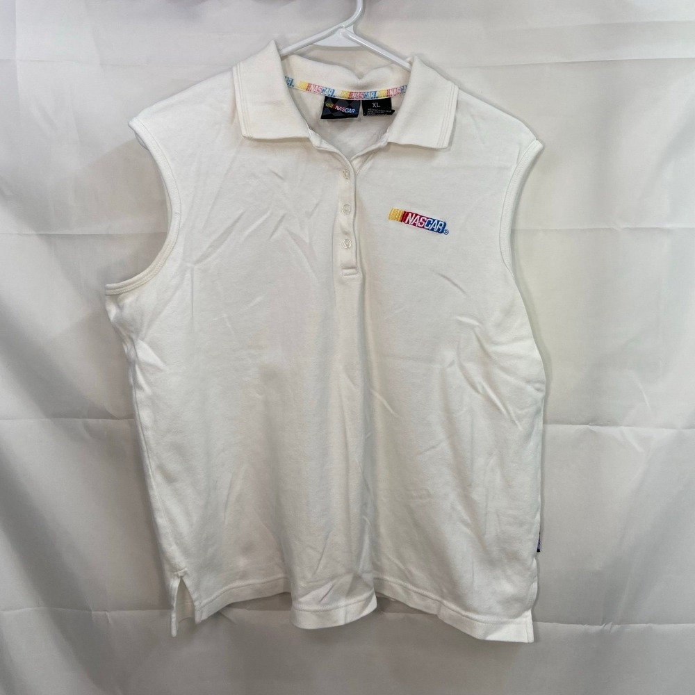 NASCAR women's white collared sleeveless button cotton polo embroidered shirt XL